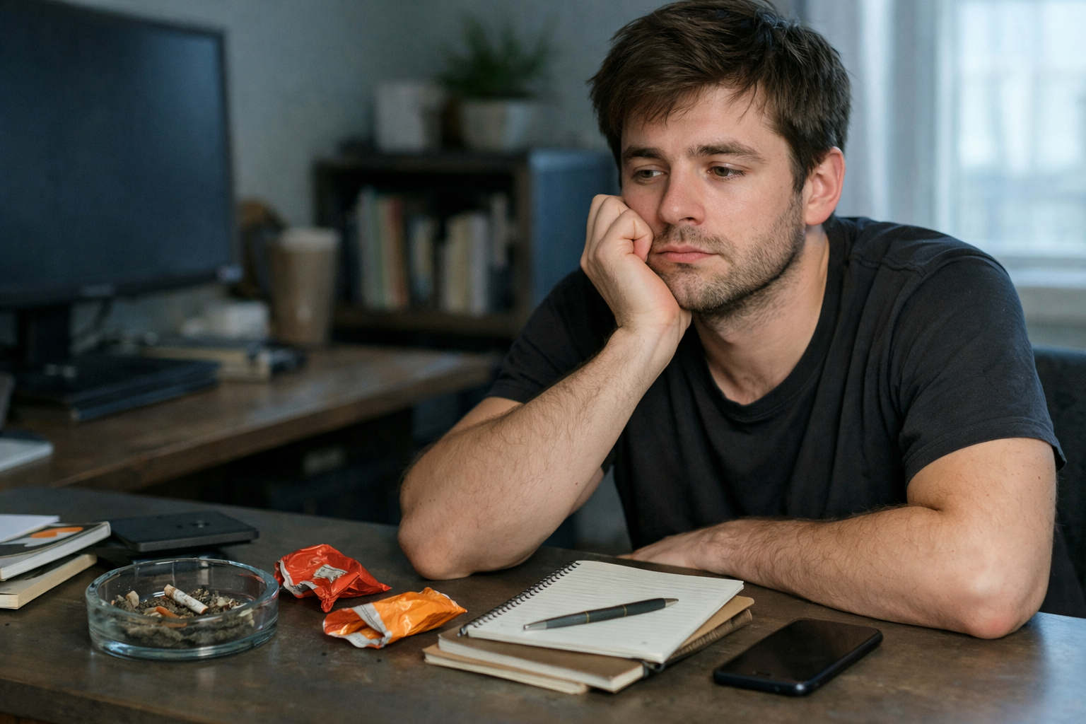 A cluttered desk scene that suggests drifting into daily use.